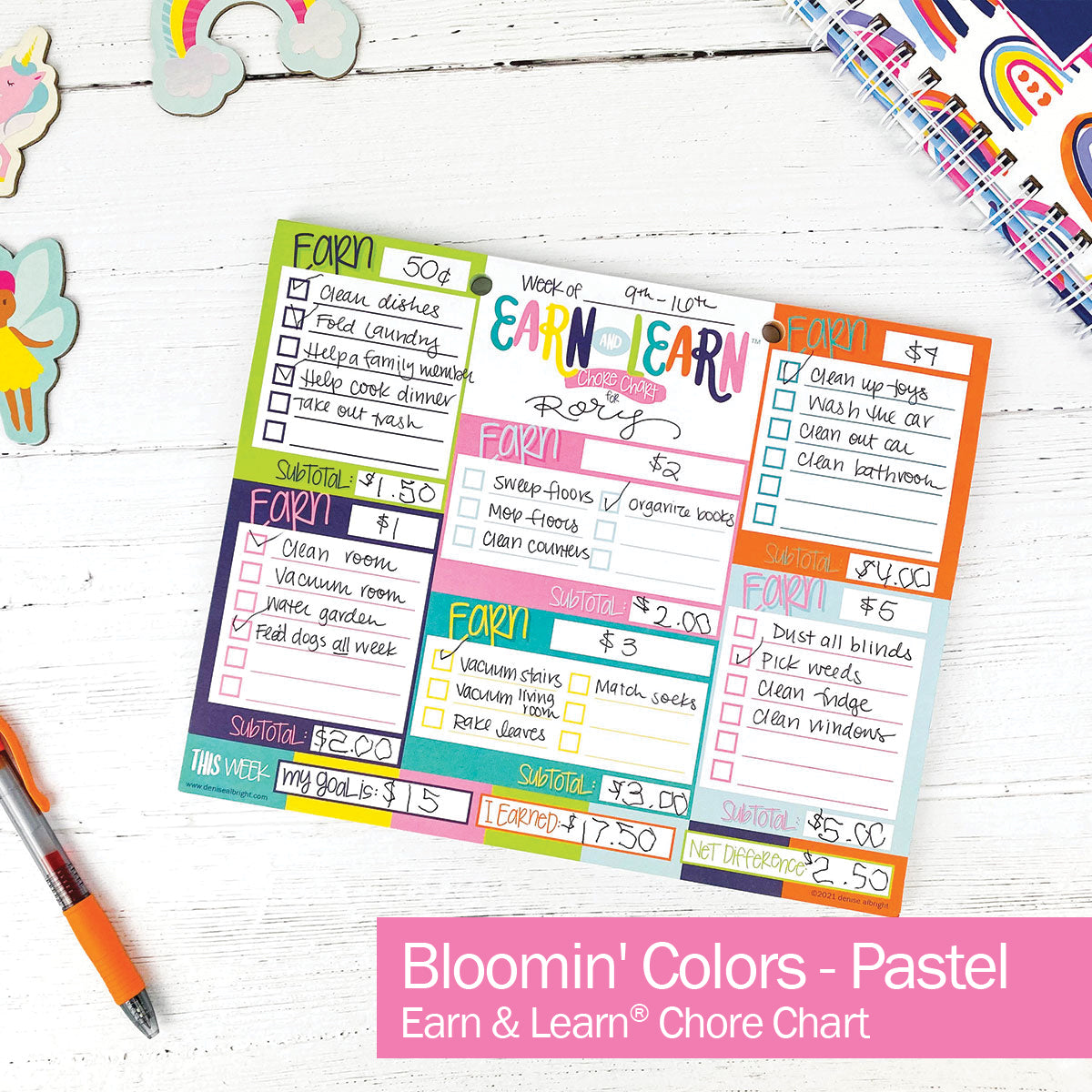 Earn & Learn® Kids Money Management Chore Chart Pad | Dry Erase Savings Tracker for School Age Kids - Denise Albright®
