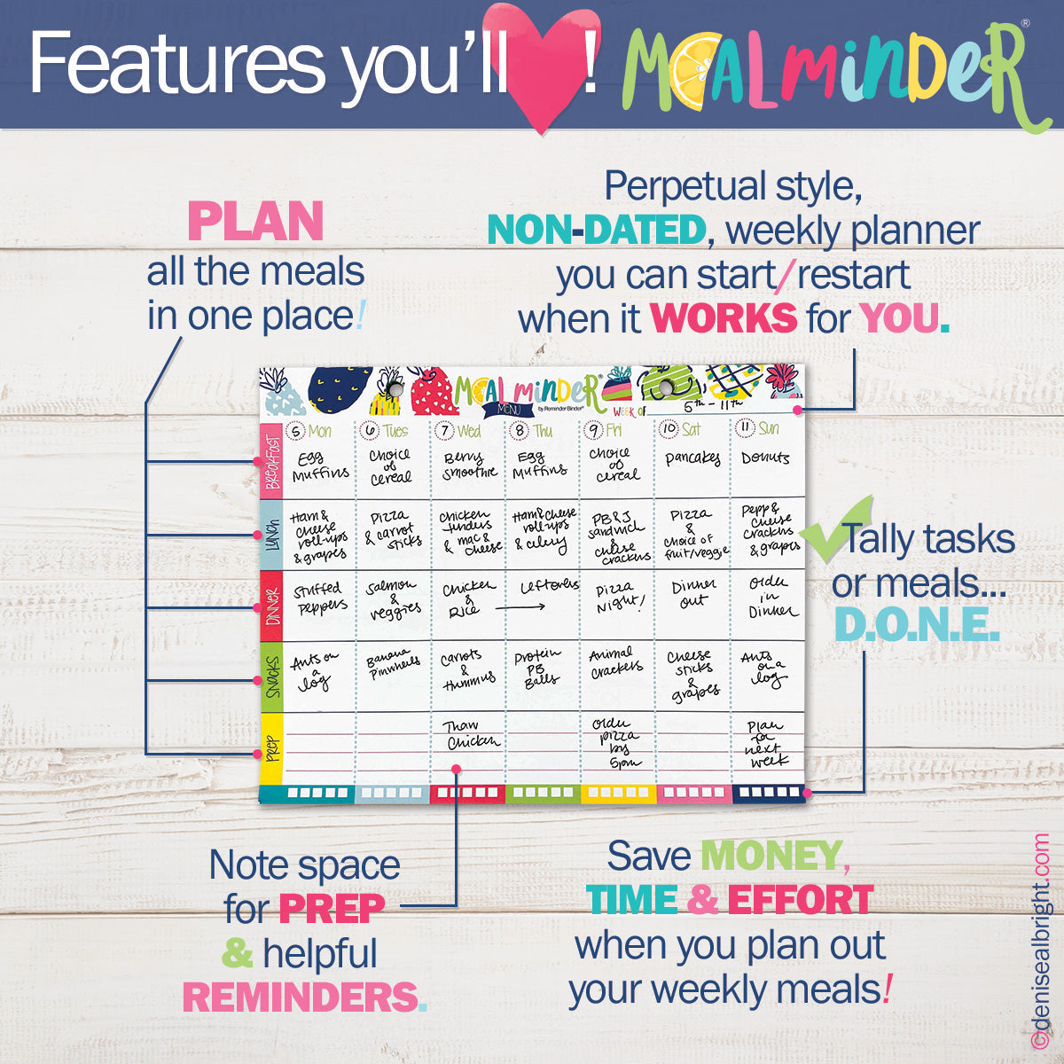 52-Week Meal Minder® Weekly Menu Planner Pad | Grocery List | Bonus Dry Erase Menu Board - Denise Albright®