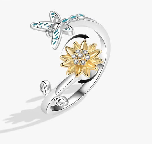 Ring - Adjustable Fidget Ring - Dragonfly Floral