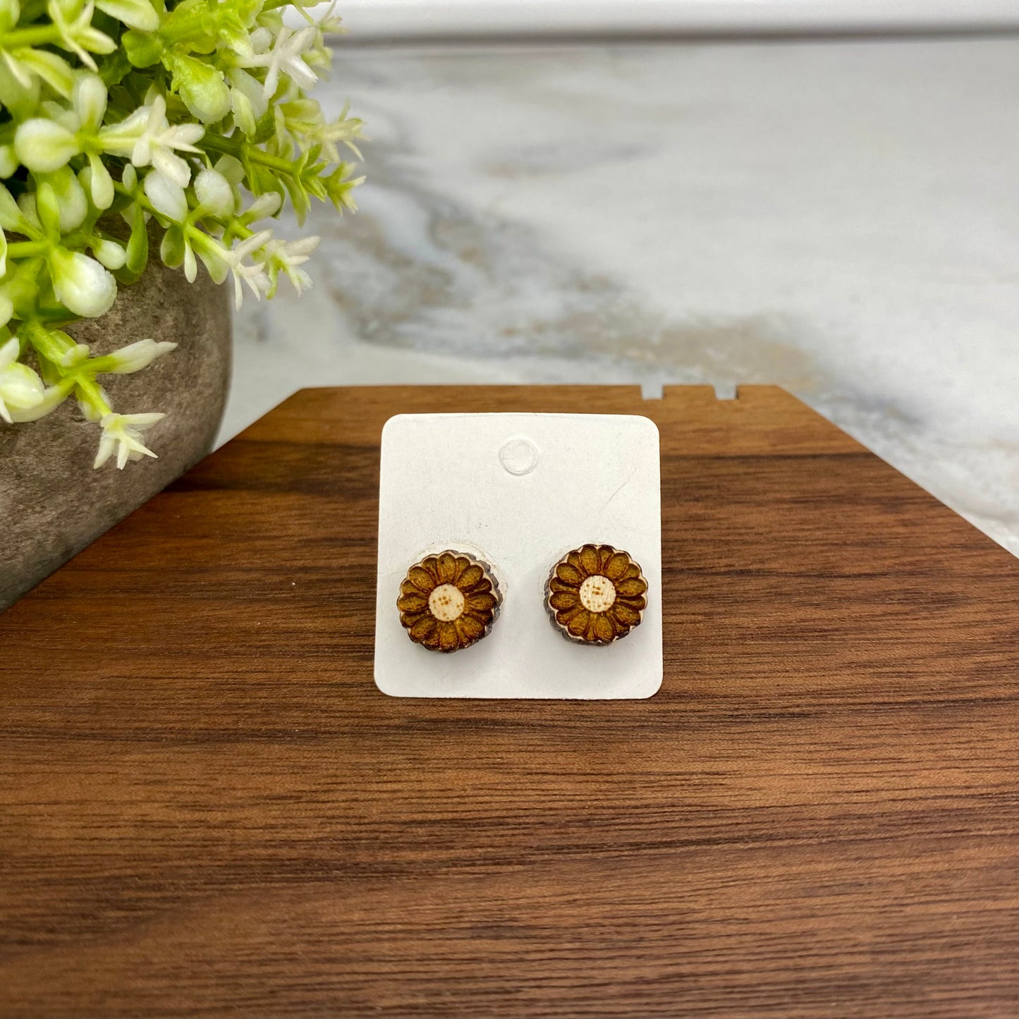 Wooden Stud Earrings - Sunflower