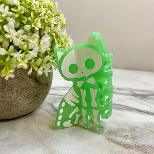 Hair Clip - Skeleton Cat - Green