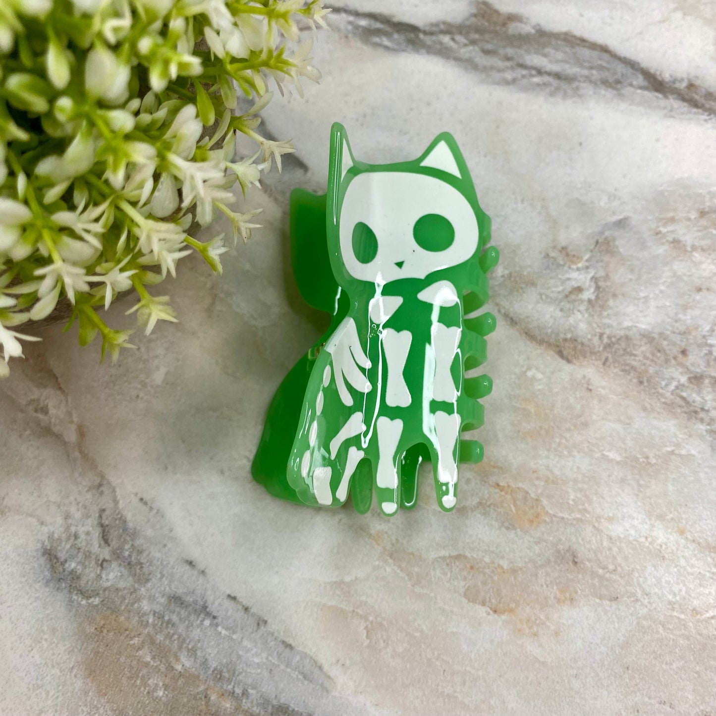 Hair Clip - Skeleton Cat - Green
