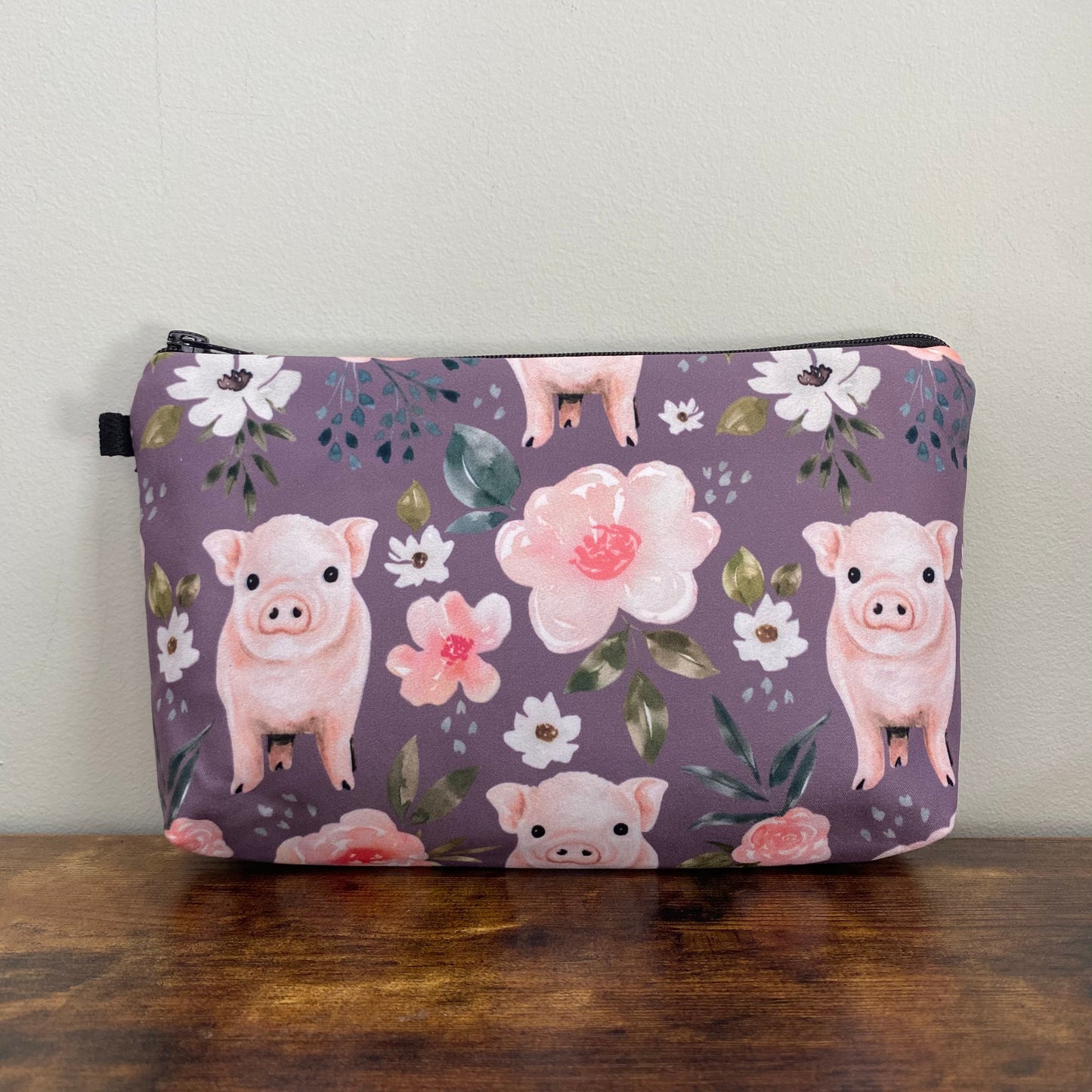 Pouch - Farm, Floral Pigs on Deep Purple