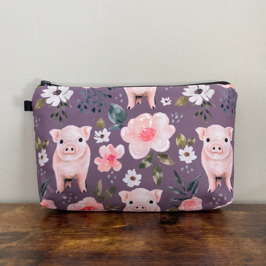 Pouch - Farm, Floral Pigs on Deep Purple