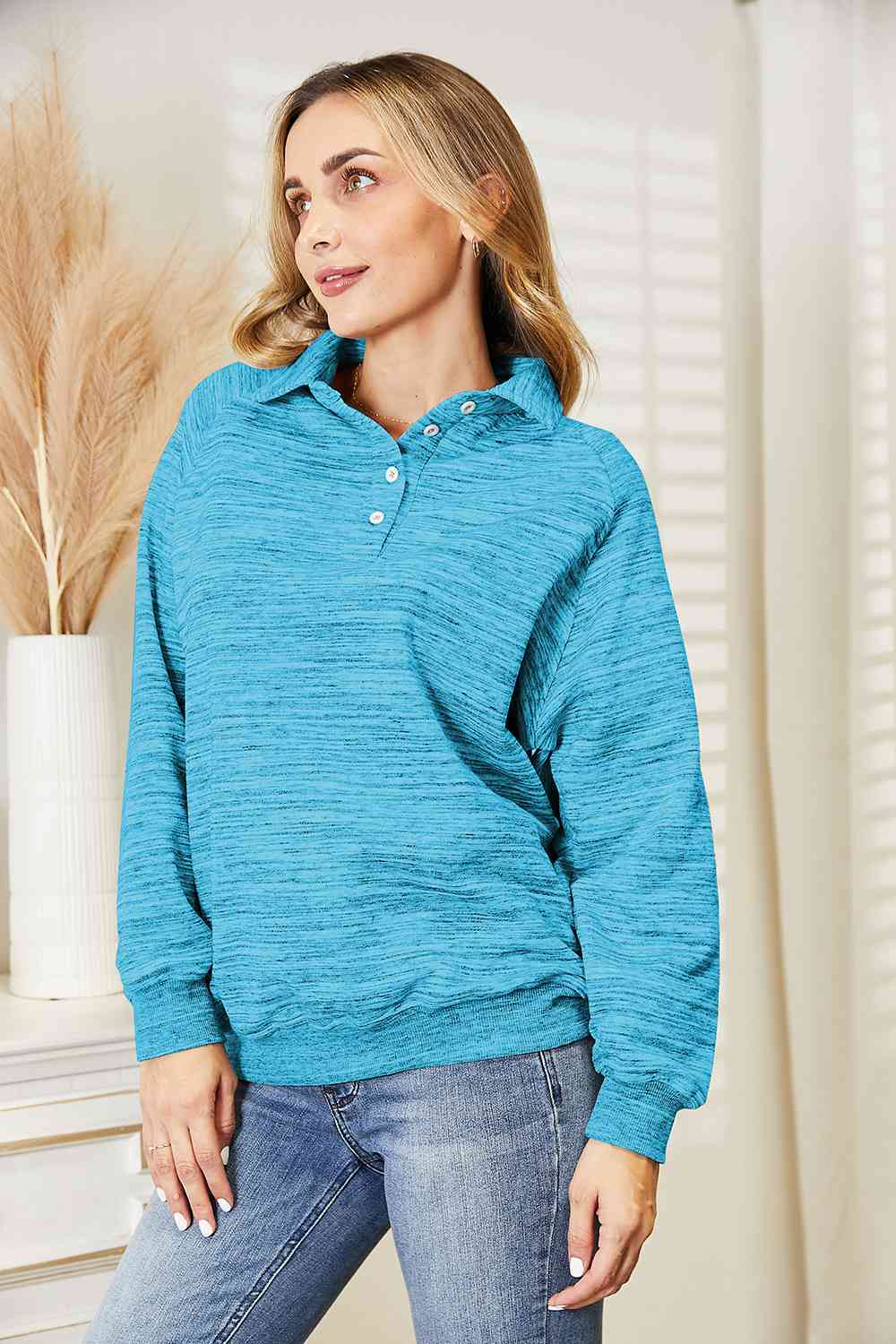 Ninexis Full Size Quarter-Button Collared Sweatshirt
