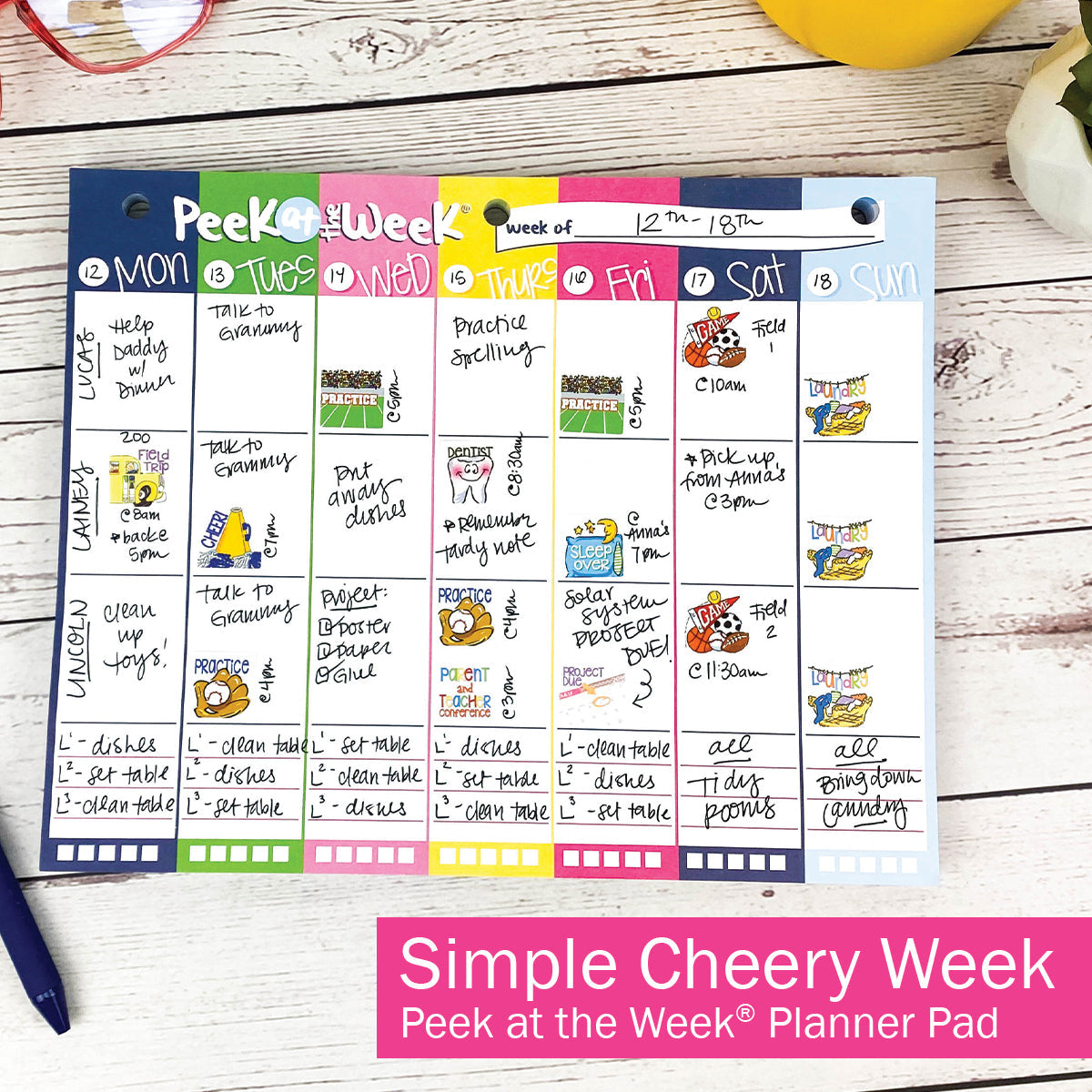 Peek at the Week® | Simple Weekly Planner Pad | Checklists, Priorities, Dry Erase Backer - Denise Albright® 