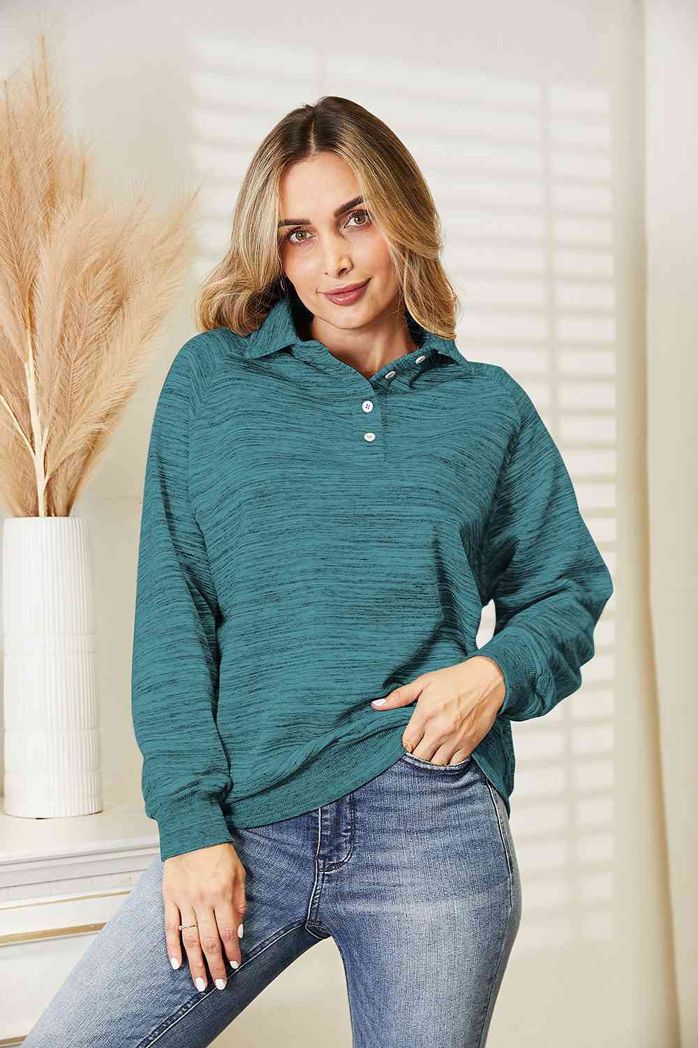 Ninexis Full Size Quarter-Button Collared Sweatshirt